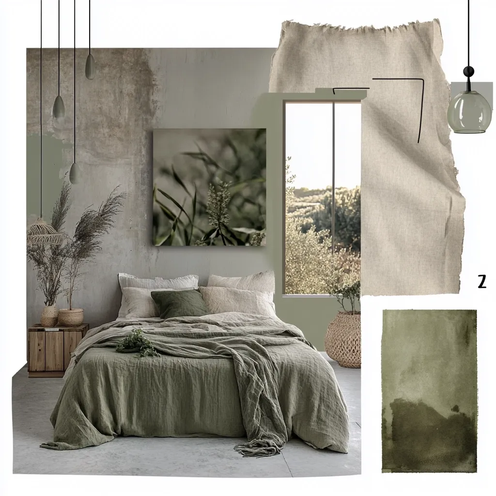 A mood board showcases a serene bedroom design.  The focal point is a large, olive-green linen duvet covering a bed with neutral-toned pillows against a textured, sage-green wall.  Dried pampas grass and wooden accents add to the natural, minimalist aesthetic.  A large window offers a view of a tranquil landscape.  Inset samples display linen fabric and muted green paint, complementing the overall calming palette.