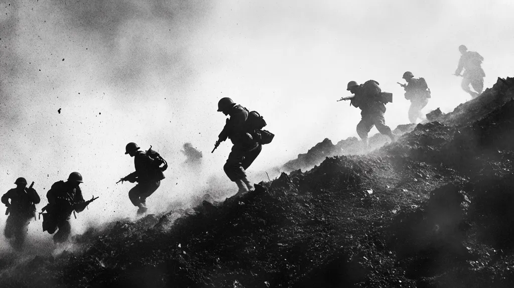 A black and white photograph captures a dramatic scene of soldiers ascending a rubble-strewn hill under a smoky sky.  The soldiers are silhouetted against the light, their forms stark and powerful. They carry rifles and equipment, moving with a sense of urgency and determination.  The gritty texture of the hill and the swirling dust create a feeling of chaos and conflict.  The image evokes the intensity and harsh realities of war.