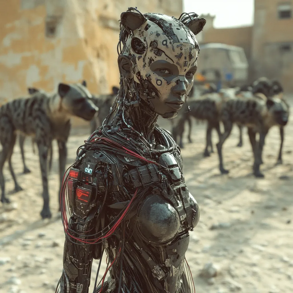 Here's a description of the image:

The image showcases a striking cyborg woman, her head adorned with a cat-like mask, standing amidst a pack of hyena-like creatures in a desolate, dusty landscape.  The cyborg's body is intricately detailed, revealing exposed wires and mechanical components.  The overall aesthetic suggests a post-apocalyptic or futuristic setting, with the background hinting at dilapidated buildings. The scene is stark and evokes a feeling of tension or unease, with the cyborg appearing both powerful and vulnerable in her environment.  The hyenas, seemingly robotic or genetically modified, further emphasize the dystopian feel.