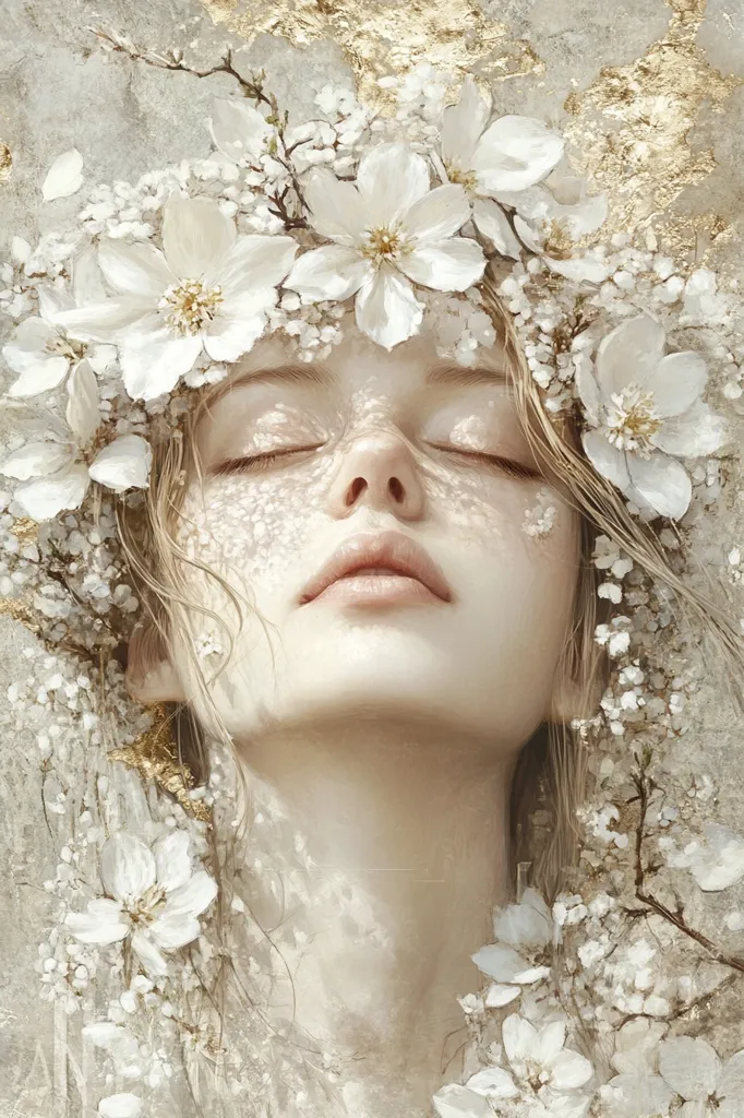 A serene painting depicts a woman with eyes closed, adorned with a crown of delicate white blossoms.  Her pale skin is subtly textured, and sunlight filters through the flowers, casting dappled shadows on her face.  The overall palette is soft, creamy whites and golds, creating a peaceful and ethereal atmosphere.  The background hints at a textured, possibly stone, surface, adding to the image's dreamlike quality.  The style is reminiscent of classical portraiture infused with romantic, almost spiritual, elements.