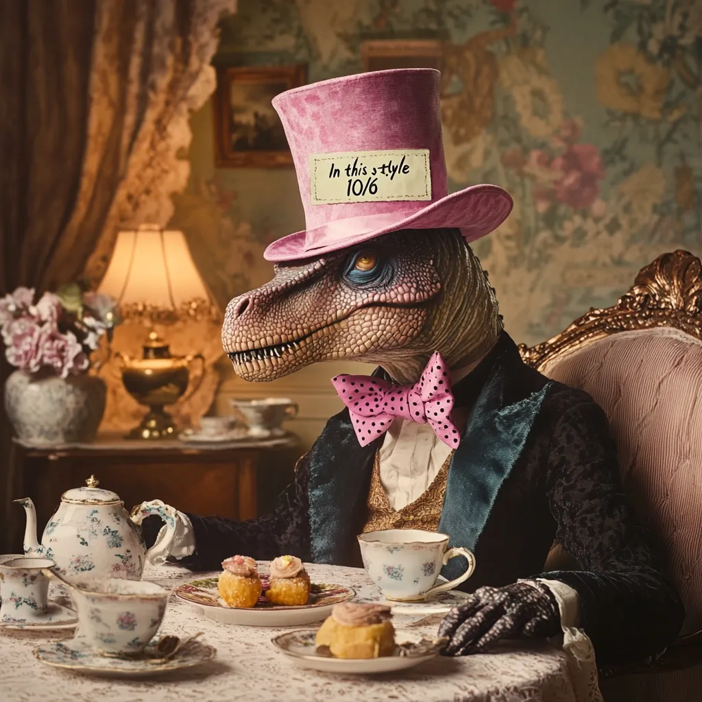 Here's a description of the image:

A Velociraptor, dressed in a pink top hat with a tag reading "In this style 10/6", a dark velvet jacket, waistcoat, and pink polka dot bow tie, sits at an elegant tea table.  The setting is opulent, featuring antique furniture, a floral arrangement, and a table laden with a tea set and pastries. The raptor appears poised and sophisticated, engaging in the genteel activity of afternoon tea. The overall tone is whimsical and surreal, blending the unexpected juxtaposition of a dinosaur with a refined Victorian-era tea party.