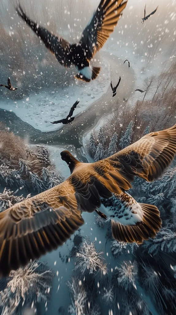 Here's a description of the image:

A breathtaking aerial view captures a majestic eagle in flight, its expansive wings dominating the frame.  Snow lightly falls, blanketing a winter landscape of snow-covered evergreen trees and a frozen river winding below.  Several smaller birds, possibly crows or ravens, are also visible, flying amidst the snowflakes, creating a dynamic and dramatic scene of avian life against the serene winter backdrop.  The light suggests either sunrise or sunset, casting a soft, ethereal glow over the scene.