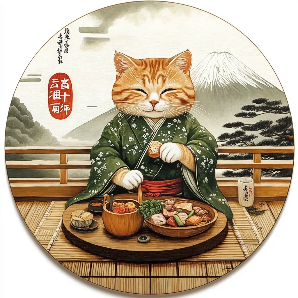 A charming illustration depicts a ginger cat, elegantly attired in a green kimono, enjoying a traditional Japanese meal.  The cat sits at a low table laden with a multi-compartment dish containing various foods.  Mount Fuji provides a scenic backdrop, visible through a wooden railing.  The artwork's style is reminiscent of ukiyo-e, with meticulous detail and a serene atmosphere. Japanese characters are subtly incorporated into the design. The overall impression is one of peaceful contentment and cultural richness.
