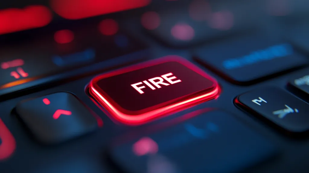 Here's a description of the image:

Close-up view of a computer keyboard with a single key illuminated in bright red.  The key prominently displays the word "FIRE" in white lettering.  The surrounding keys are dark, creating a stark contrast with the glowing red button. The overall lighting suggests a low-light setting, with a focus on the "FIRE" key, possibly implying a sense of urgency or danger.  The image has a sleek, modern aesthetic.