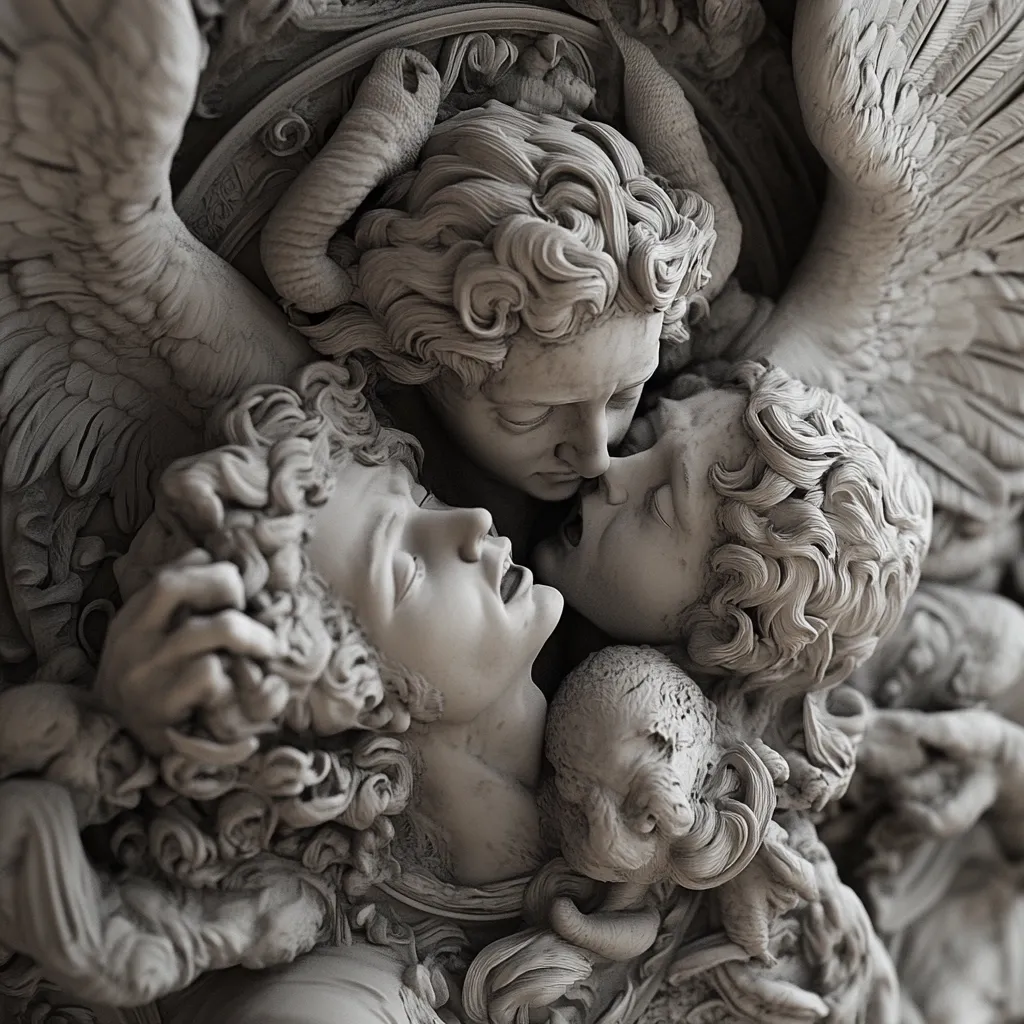 Here's a description of the image:

The image is a close-up of an intricately carved marble sculpture depicting a dramatic scene.  Three figures are centrally featured: an angel with large wings, and two others, possibly mortals, who appear to be embracing or locked in a tender moment of sorrow or passion. The angel's face is partially obscured, but a melancholic expression is visible. The other two figures have their faces intertwined, showing a mixture of emotions. The overall style is Baroque or Rococo, with deep relief, flowing curls of hair, and dramatic drapery suggesting movement and emotion. The detail in the marble is exceptional, showing texture and the artist's skill.  The background shows further decorative elements, adding to the richness of the piece. The grayscale palette enhances the classical feel of the sculpture.