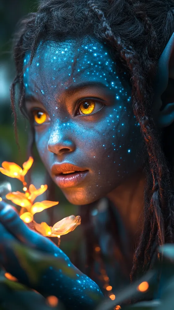 Close-up view of a young person with striking blue skin and bright yellow eyes, reminiscent of a Na'vi from the movie Avatar.  Their skin is adorned with luminous blue dots.  They gently hold a glowing orange plant, creating a magical and ethereal atmosphere. The dark hair is styled in long braids, and pointed ears are partially visible. The overall effect is otherworldly and captivating.