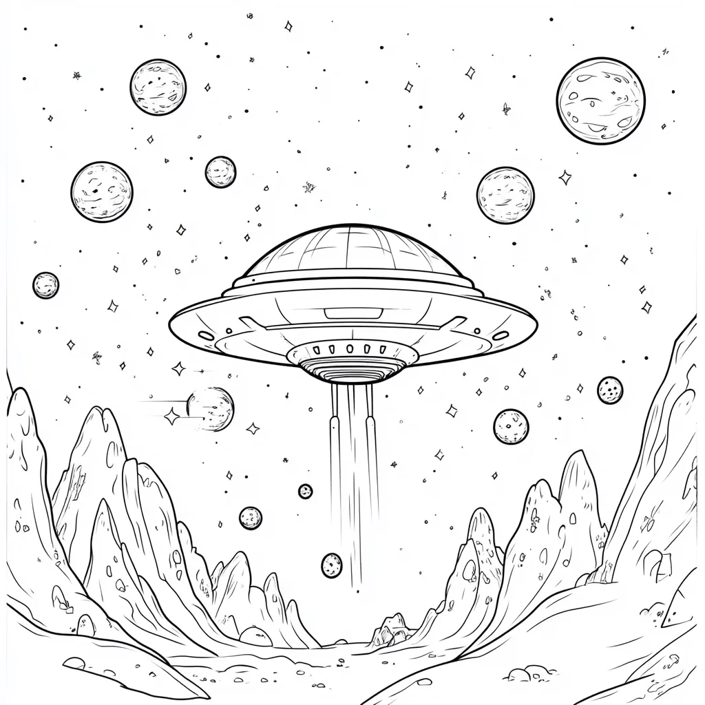 Here's a description of the image:

The illustration is a black and white drawing of a classic flying saucer descending towards a rocky, alien landscape.  The saucer is detailed, with visible supports and a domed top. The background depicts a starry expanse scattered with planets and asteroids of varying sizes.  The foreground shows a craggy, mountainous terrain suggesting a barren, extraterrestrial environment. The style is reminiscent of vintage science fiction illustrations, with a clean line drawing aesthetic.