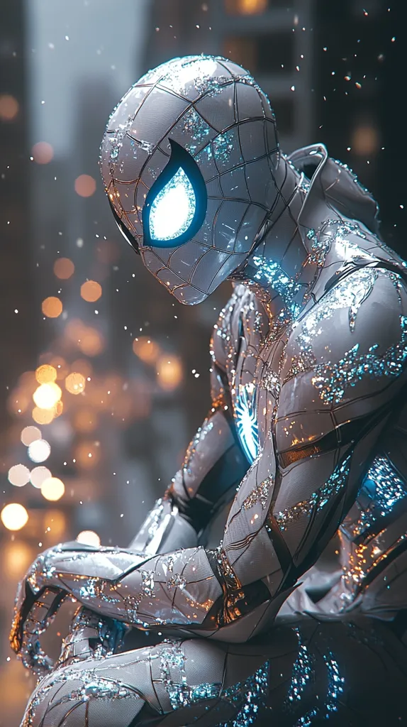 Here's a description of the image:

The image showcases a futuristic, stylized depiction of Spider-Man.  His suit is predominantly white with a metallic, almost crystalline texture, shimmering with embedded blue lights.  The suit's design incorporates a visible web pattern. He's seated, his pose contemplative, in a dimly lit urban setting with blurred bokeh lights suggesting a city at night.  Snow or a similar substance falls around him, adding to the atmospheric mood. The overall aesthetic is sleek, high-tech, and slightly melancholic.