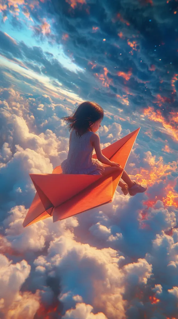A young girl with dark hair sits serenely on a large, orange paper airplane soaring through a fluffy expanse of white clouds.  The sky above is a dramatic blend of blues, purples, and fiery oranges, suggesting sunset or sunrise. The scene is whimsical and dreamlike, evoking a sense of childlike wonder and limitless possibilities. The girl's peaceful expression adds to the magical, almost ethereal quality of the image.