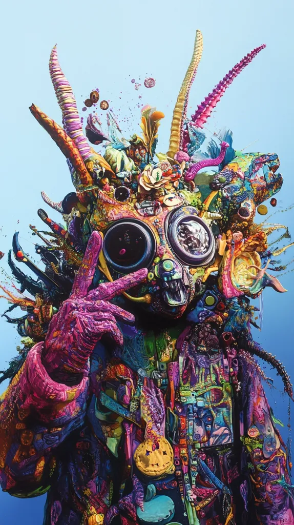 Here's a description of the image:

The artwork depicts a vibrant, surreal figure against a pale blue background. The figure is adorned in a complex, multi-layered costume resembling a mask or helmet, constructed from a profusion of colorful, organic, and mechanical elements. These include what appear to be bioluminescent corals, intricate machinery, and oddly shaped objects, all rendered in a hyperrealistic style with intense color saturation.  The figure's hand is raised in a peace sign. The overall effect is one of chaotic energy and fantastical, almost psychedelic, imagery. The texture is highly detailed, giving the impression of a dense, textured surface.