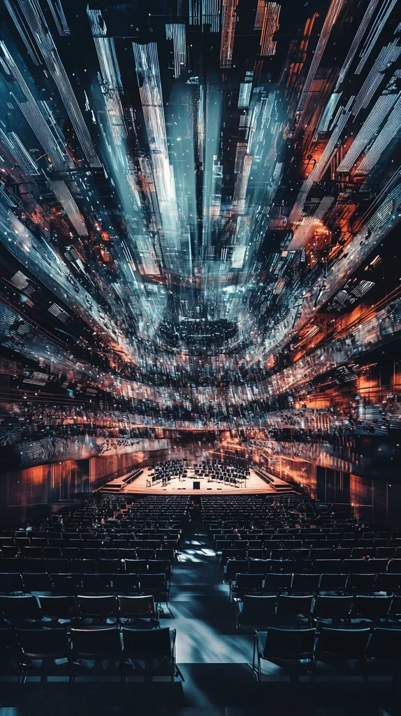 The image depicts a concert hall, its rows of empty seats stretching towards a stage where an orchestra is set up.  The hall's architecture is dramatically emphasized by a swirling, almost abstract effect, creating streaks of light and color that seem to radiate from the ceiling and walls.  This overlay suggests a blend of digital data and physical space, creating a futuristic or surreal atmosphere within the classical setting of the concert hall. The overall mood is dark and moody, yet vibrant with the streaks of light.