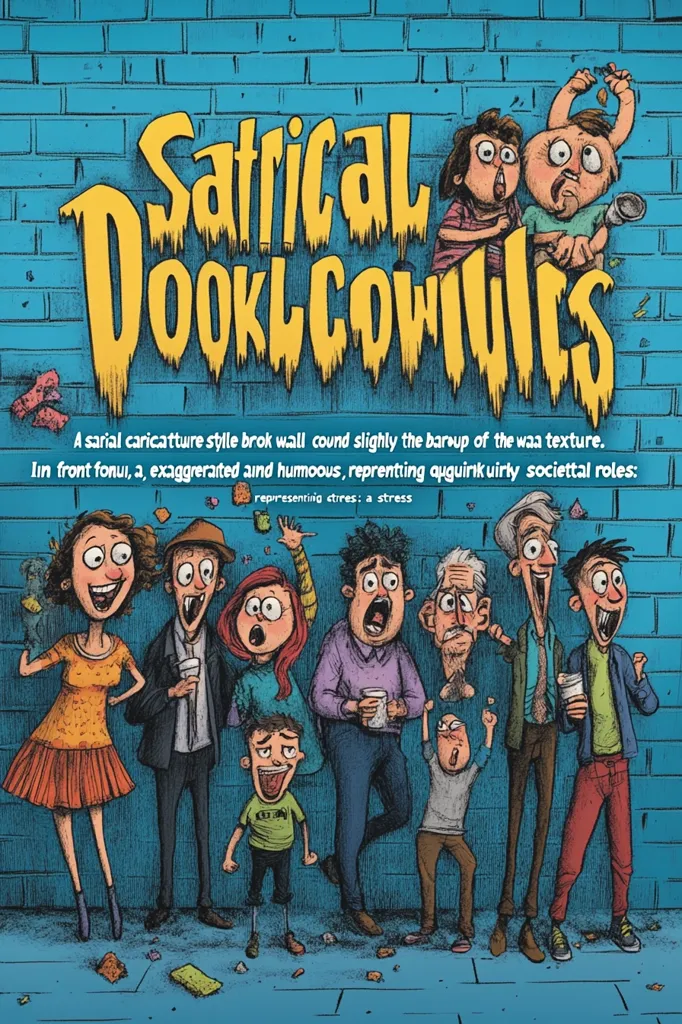 Here's a description of the image:

The image is a book cover titled "Satirical DooklCowils."  The title is stylized in a graffiti-like font against a brick wall backdrop. Below the title, a description explains the artwork's caricature style and its satirical portrayal of societal roles. The main focus is a group of exaggerated, humorous cartoon characters standing before the wall, each appearing to represent a different quirky social archetype. Their expressions and postures are expressive, conveying a sense of chaos and social commentary.  The overall style is vibrant and bold, suggesting a humorous and possibly edgy narrative.