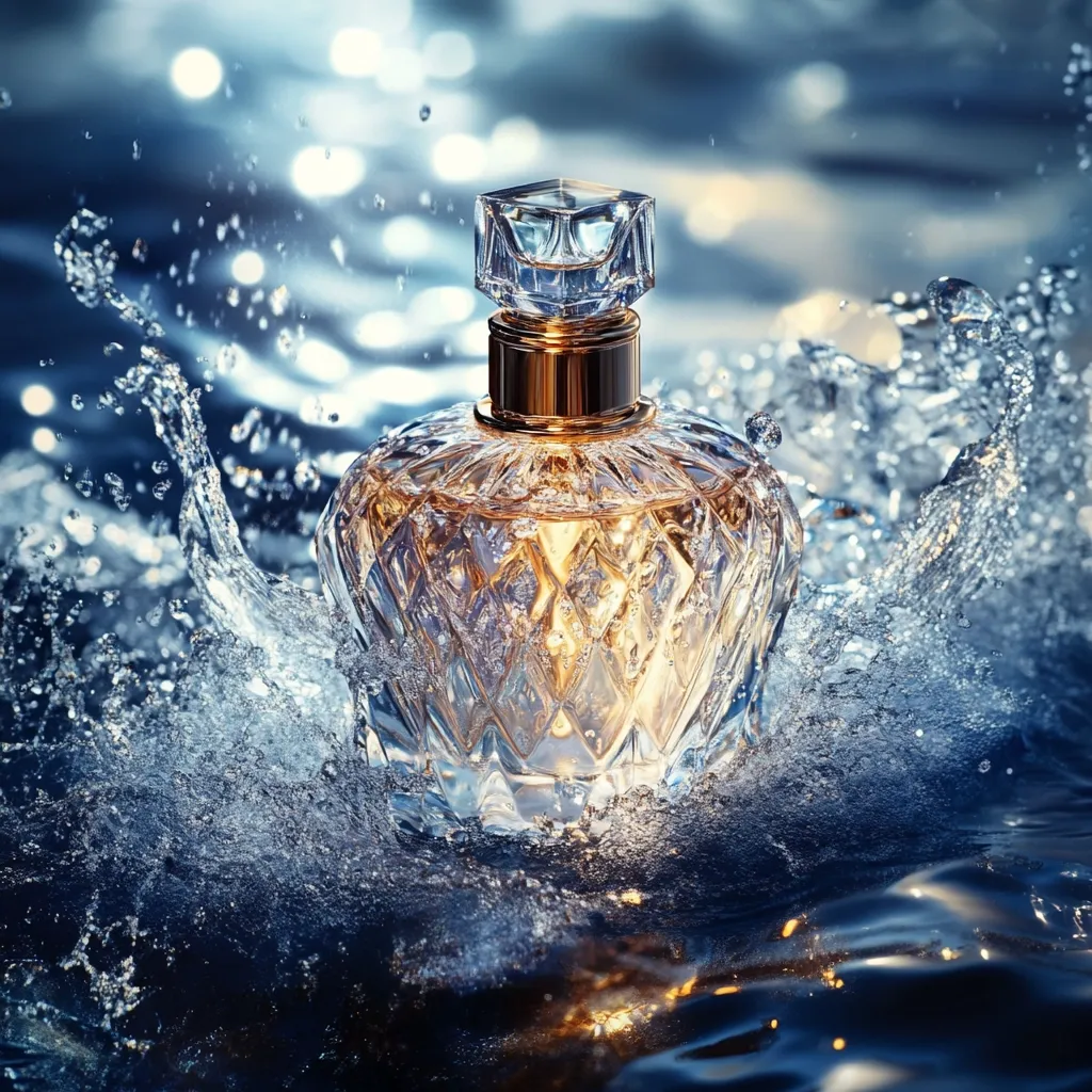 Here's a description of the image:

An elegant, crystal perfume bottle, filled with a golden liquid, is the centerpiece of the image.  It's partially submerged in a splash of water, creating dynamic, shimmering waves. The background is a blurred, out-of-focus ocean-like scene of blues and teals with sparkling highlights, emphasizing the perfume bottle's luxurious feel. The overall mood is one of serenity and opulence, suggestive of a high-end fragrance. The bottle's intricate design is highlighted by the water's movement and the soft, diffused light.