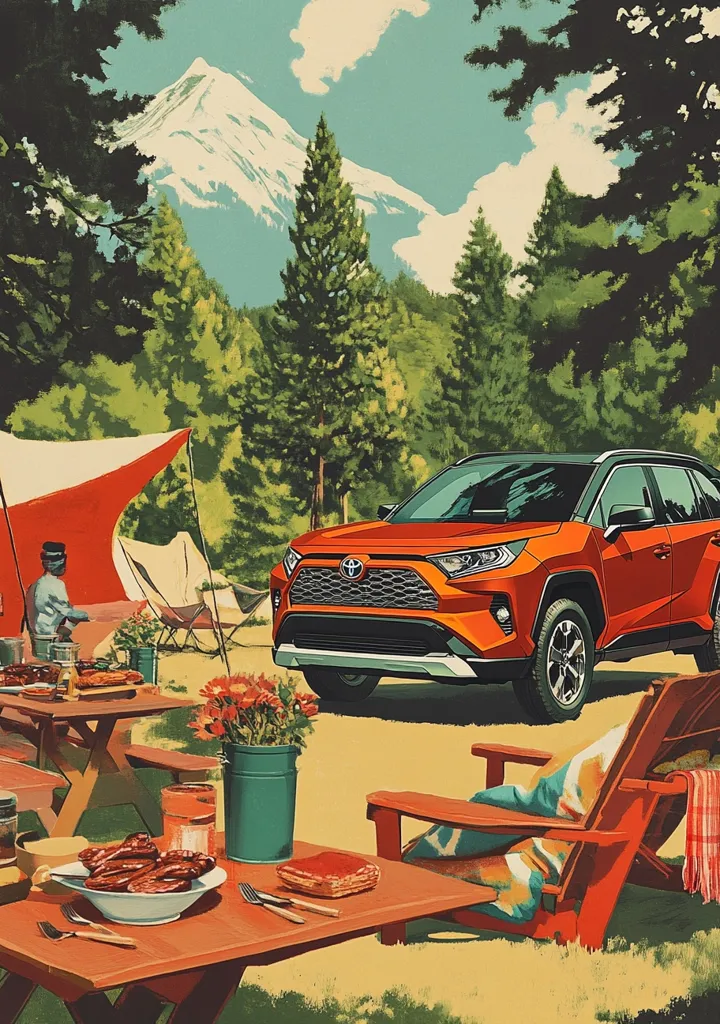 Here's a description of the image:

A vibrant, retro-style illustration depicts a relaxing camping scene.  A bright orange Toyota RAV4 is parked near a campsite nestled in a lush forest with a snow-capped mountain in the background.  Campers are enjoying a meal at picnic tables laden with food, while Adirondack chairs sit invitingly nearby. A canvas tent is partially visible, adding to the idyllic outdoor setting. The overall style evokes a sense of nostalgia and adventure.