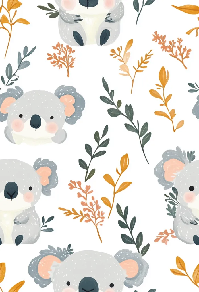Here's a description of the image:

The image is a seamless pattern featuring adorable cartoon koalas and stylized botanical elements on a white background.  The koalas are depicted in soft grey and peach tones, with large, expressive eyes and small, rounded bodies. They are sitting upright, showcasing their cute features. The accompanying flora includes various leaves and branches in muted greens, oranges, and pinks, creating a gentle, nature-inspired aesthetic. The overall style is whimsical and charming, suitable for children's products or fabric designs.