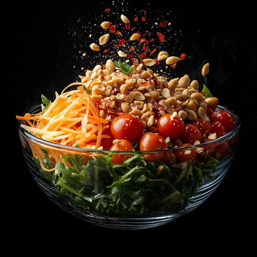 A vibrant salad is captured in a clear glass bowl against a stark black backdrop.  The salad is layered, featuring shredded carrots at the bottom, followed by a bed of dark green leafy greens.  Cherry tomatoes and a generous topping of roasted peanuts, seasoned with red pepper flakes, complete the composition.  A few peanuts and flakes are mid-air, suggesting motion and adding dynamism to the image. The overall presentation is appetizing and visually striking.