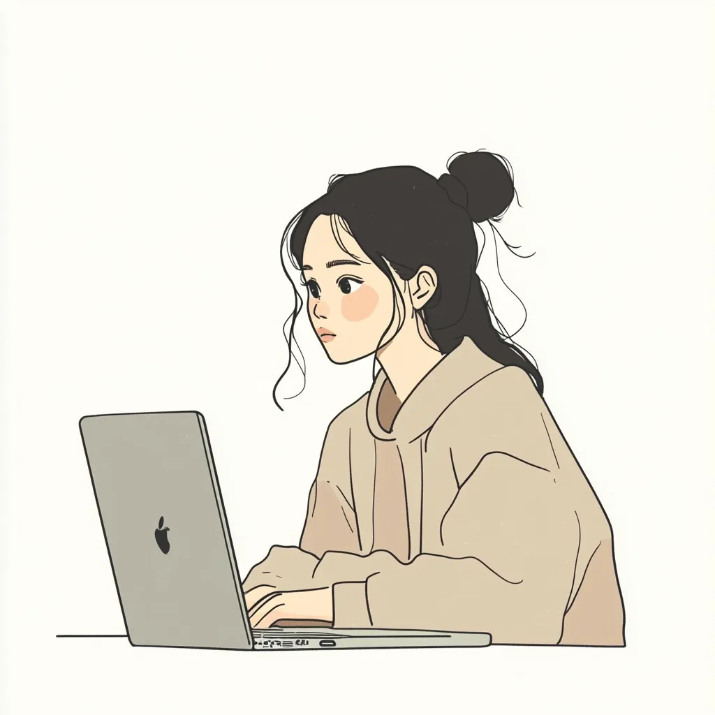 Here's a description of the image:

The illustration depicts a young woman with dark hair styled in a high bun, seated at a table and working on a silver laptop.  She's wearing a light beige hoodie. Her expression is serene and focused on the screen. The style is minimalist and clean, with soft lines and muted colors, giving it a calm and peaceful atmosphere. The overall aesthetic is simple and elegant.