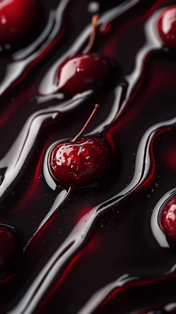 Here's a description of the image:

The photograph showcases several ripe, red cherries submerged in a dark, viscous liquid, possibly cherry syrup or juice.  The liquid flows in dramatic, swirling patterns, creating a glossy, reflective surface. The cherries are glistening, with water droplets clinging to their skin, highlighting their deep red hue. The overall composition is dark and moody, emphasizing the rich color and texture of both the fruit and the liquid. The contrast between the bright cherries and the deep black background creates a striking visual effect.