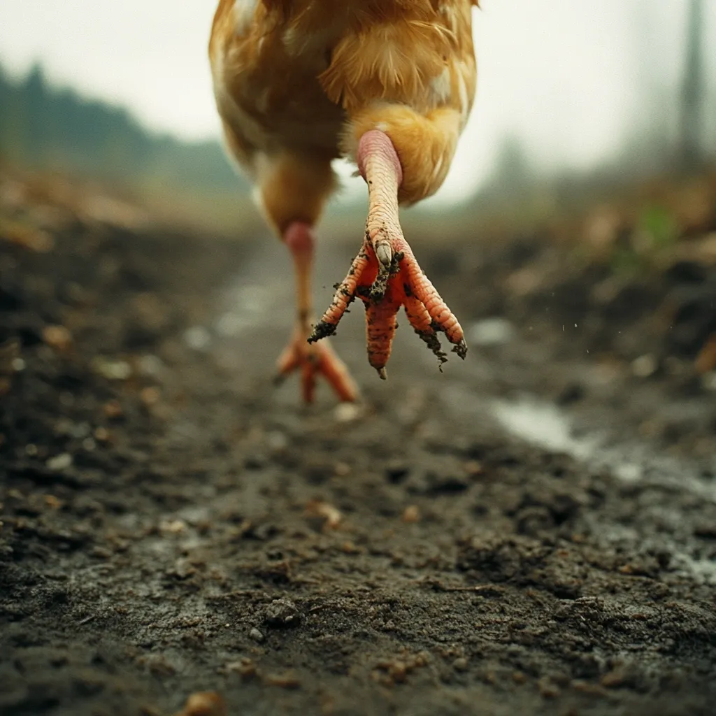 Here is a description of the image in under 100 words:

Close-up view of a chicken's legs and feet in motion, running across muddy ground.  The focus is sharply on the clawed feet, which are covered in dirt. The chicken's body is blurred, suggesting speed and movement. The background is out-of-focus, showing a rural landscape of muted greens and browns. The overall mood is rustic and naturalistic, emphasizing the animal's connection to the earth.