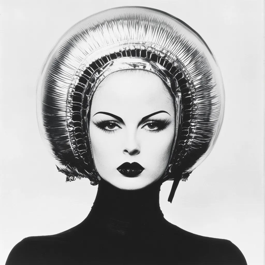 Here is a description of the image in under 100 words:

The black and white photograph showcases a woman, her face front and center, adorned with dramatic makeup featuring bold brows and dark lipstick.  She wears a striking, large, metallic, helmet-like headpiece that resembles a futuristic bubble or space helmet. The headpiece is made of concentric, radiating rings of a reflective material. Her neck and shoulders are covered by a dark, high-necked garment.  The overall style is strikingly modern and evokes a sense of science fiction or avant-garde fashion.  The stark contrast of black and white enhances the image's dramatic effect.