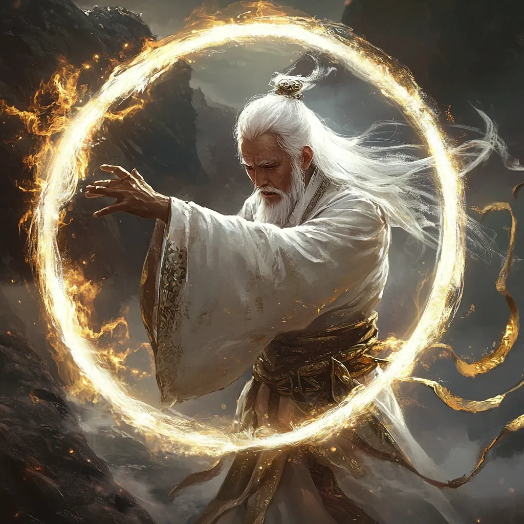 The image depicts a wise, elderly man with long white hair and beard, dressed in flowing white robes adorned with gold accents.  He appears to be a powerful mage or sorcerer, manipulating a glowing, golden ring of fire that encircles him.  His expression is serious and focused as he interacts with the ethereal ring. The background features dark, rocky terrain, enhancing the mystical and powerful aura surrounding the figure. The overall style is fantasy art, suggesting a character from a magical realm.