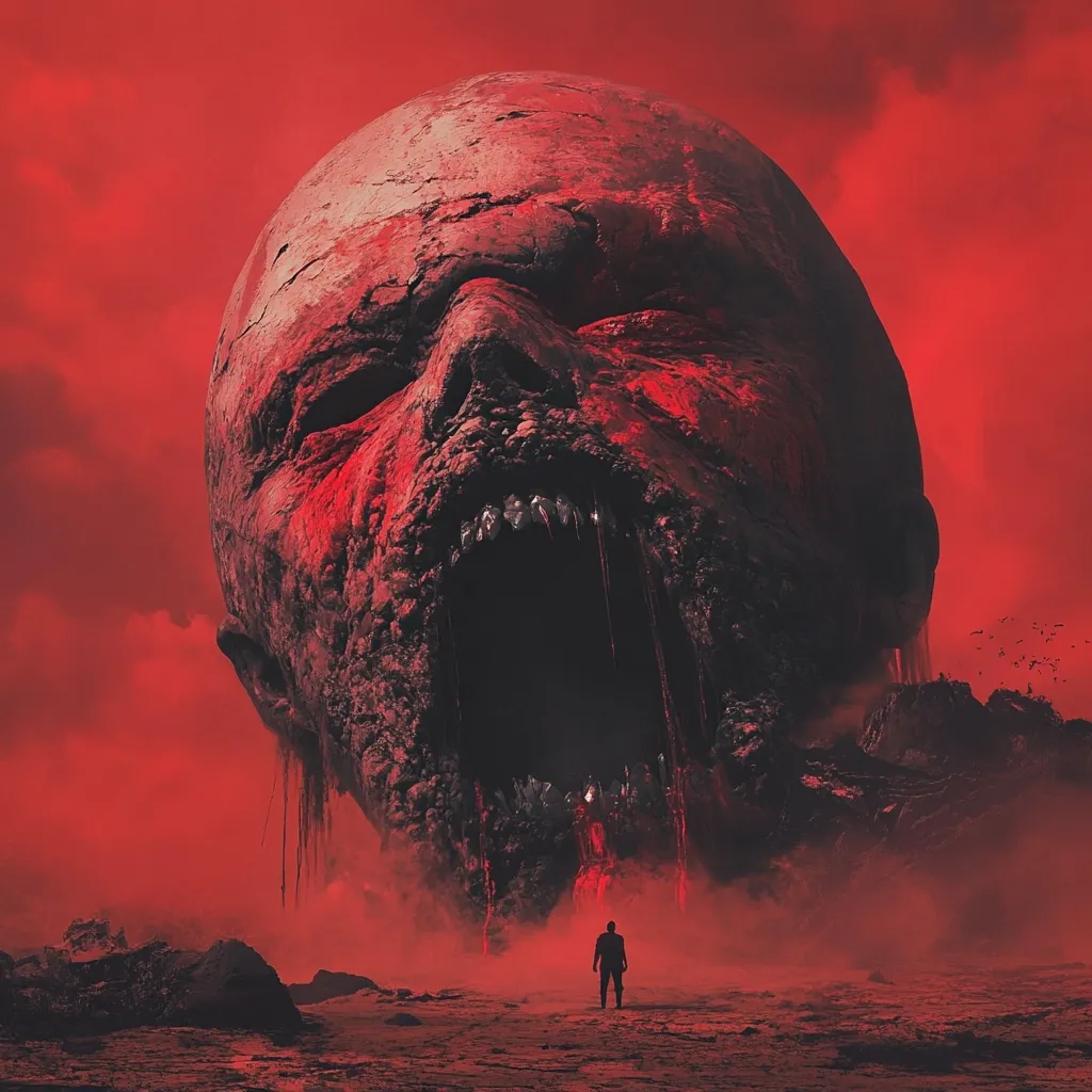 The image depicts a colossal, decaying head looming over a desolate, red landscape. The head is monstrous, with a gaping maw and bloody crevices, suggesting decay and immense power.  A small, silhouetted figure stands in the foreground, dwarfed by the gargantuan head, emphasizing the overwhelming scale and potentially ominous nature of the scene. The overall atmosphere is one of dread and apocalyptic horror, enhanced by the blood-red sky.