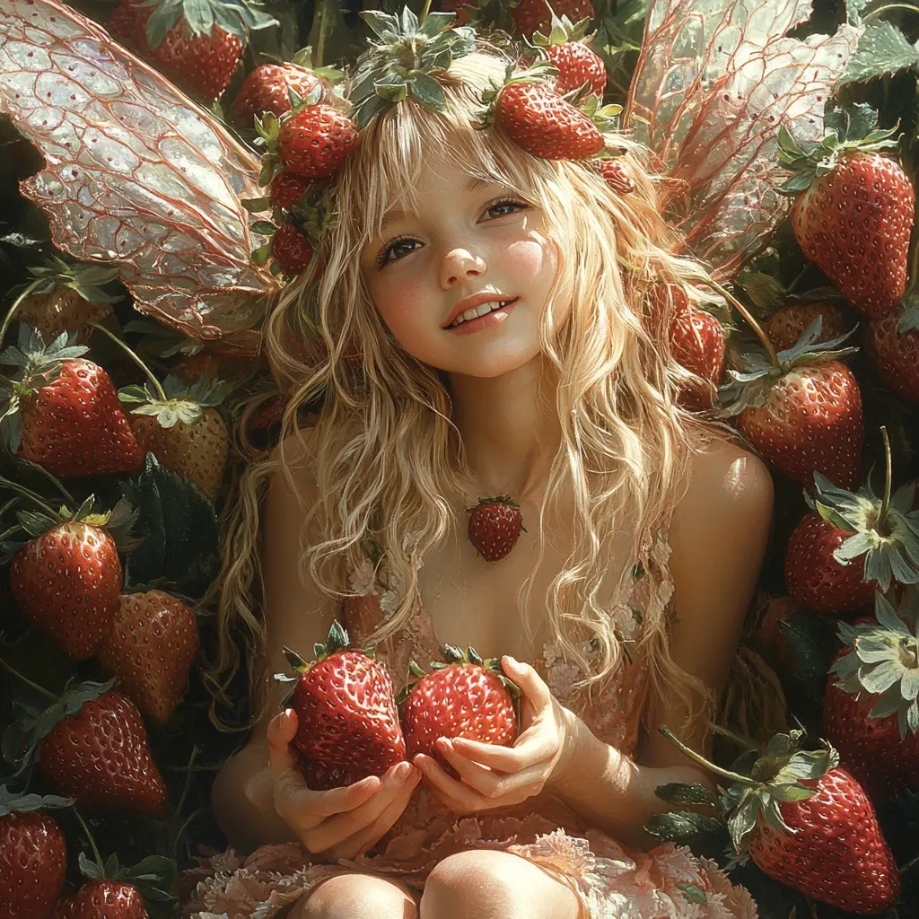 A young fairy with long blonde hair sits amidst a lush strawberry patch.  She wears a crown of strawberries and delicate, translucent wings.  Her dress is light peach, adorned with floral details.  She holds two ripe strawberries, her expression sweet and innocent.  Sunlight bathes the scene, creating a magical and enchanting atmosphere.