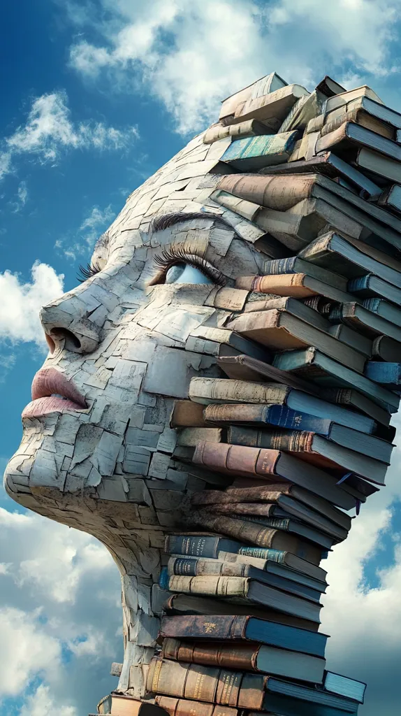 Here's a description of the image:

The image depicts a striking artistic rendering of a woman's face sculpted from stone-like fragments.  Her head is adorned with a towering pile of antique books, forming a cascading waterfall of knowledge.  The woman's gaze is directed upward, towards a partly cloudy blue sky.  The overall impression is one of intellectual depth, contemplation, and the transformative power of books. The style is surreal and evokes a sense of wonder.