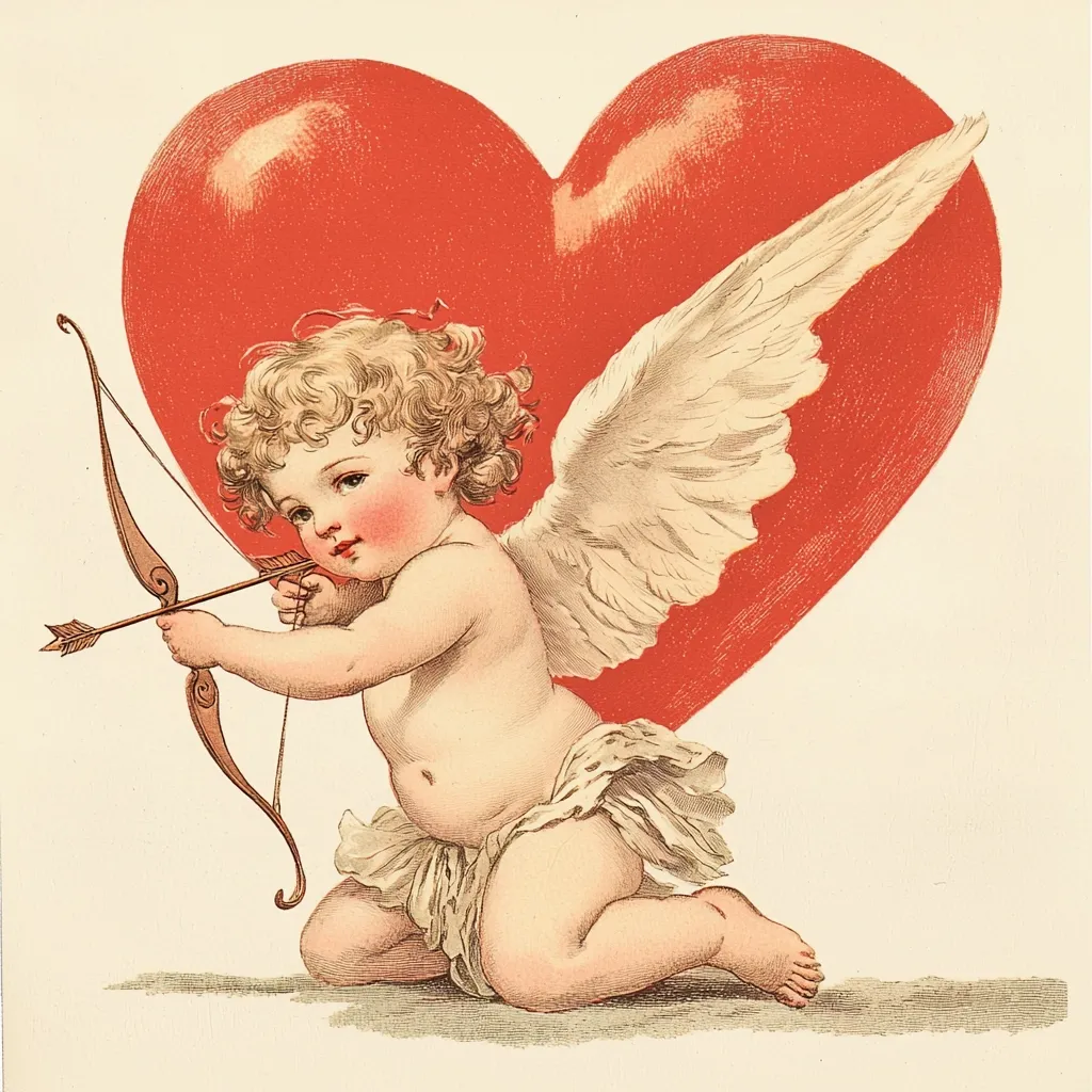 A cherubic cupid, with rosy cheeks and curly blond hair, kneels before a large red heart.  He is winged and holds a bow and arrow, ready to strike. The cupid is depicted in a delicate, almost antique style, suggesting a vintage Valentine's Day image. The image combines classic symbolism of love and affection with a charming, innocent portrayal of the cupid figure. The soft colors and detailed rendering enhance the overall romantic feel.