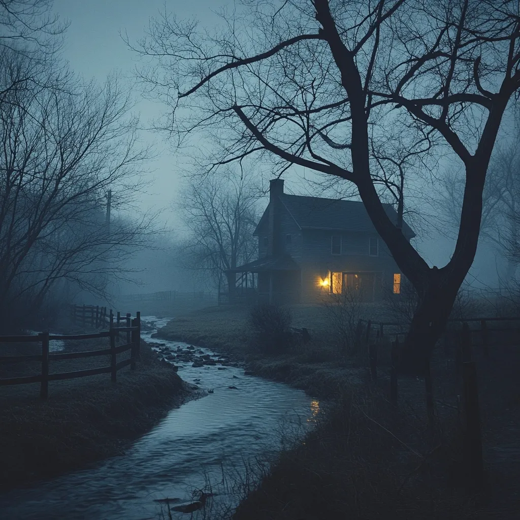 A rustic, dark wooden farmhouse glows with a single warm light from an interior window, nestled in a misty, twilight landscape.  Bare, silhouetted trees surround the house, their branches reaching towards a muted sky. A calm stream meanders past a wooden fence in the foreground, adding to the serene, yet slightly eerie, atmosphere. The scene evokes a sense of quiet solitude and mystery.