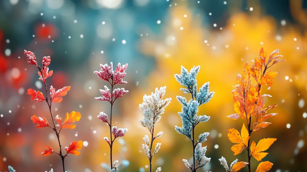 Here's a description of the image:

The image showcases four frost-covered plant sprigs against a blurred background of autumnal colors.  One sprig displays vibrant red leaves dusted with frost, another shows a pale, almost white, frosty hue, and a third is a teal-blue-green, also frosted.  The fourth sprig features bright orange-yellow autumn leaves, subtly touched by the same frost. The backdrop is a soft blend of teal and gold, mimicking a bokeh effect, with gentle snowfall adding to the wintery ambiance.  The overall scene creates a beautiful contrast between the warmth of autumn and the chill of early winter.