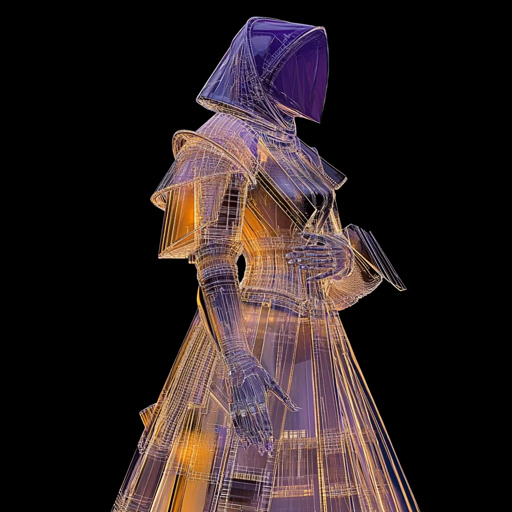 The image shows a 3D rendering of a female figure, seemingly a robot or AI, dressed in a long, flowing gown and a hooded cloak.  The figure's form is depicted as a wireframe, with lines of light outlining a detailed outfit, suggesting a blend of futuristic and historical aesthetics. The overall style is ethereal, with the figure appearing translucent against a black background, creating a sense of mystery and technological elegance. The colors are primarily warm oranges and cool purples, accentuating the wireframe structure.