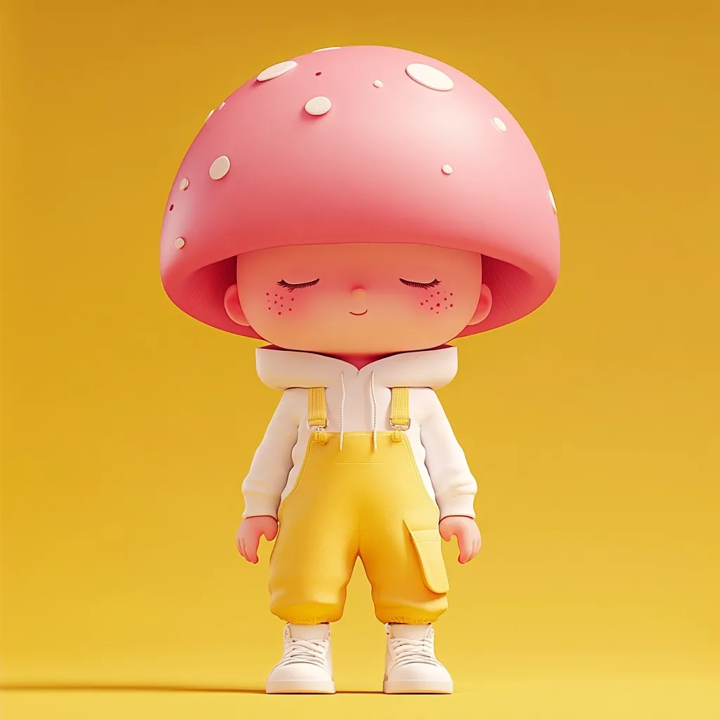 Here's a description of the image:

The image shows a charming 3D rendering of a stylized child-like figure.  The character has a large, pink mushroom cap for a head, adorned with white dots.  Its face is soft and sweet, with closed eyes and rosy cheeks.  The figure wears a white hoodie and bright yellow overalls, accented by white sneakers. The overall style is cute and whimsical, set against a solid yellow background. The character's peaceful expression and pastel color palette contribute to a calming, friendly aesthetic.