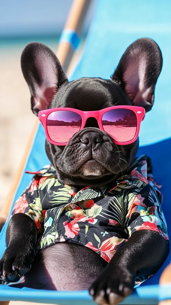 Here's a description of the image:

A stylish black French Bulldog lounges in a bright blue beach chair. The dog wears pink sunglasses reflecting a beach scene and a vibrant, tropical-print shirt. Its expression is calm and content, suggesting relaxation. The background is blurred, showing a sunny beach. The overall image is playful and cheerful, capturing a humorous portrayal of a pampered pet enjoying a summer day.
