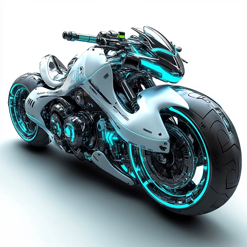 Here's a description of the image:

The image showcases a futuristic, chrome-and-white motorcycle, possibly a concept design or rendering.  Its sleek, aerodynamic body is accented with vibrant, glowing turquoise lines tracing its mechanical components, which are partially exposed, revealing intricate detailing.  The wheels are large and wide, with the same turquoise accents integrated into their design.  The motorcycle is set against a stark white background, emphasizing its futuristic and clean aesthetic.  The overall impression is one of high-tech sophistication and speed.
