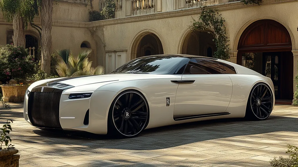 Here's a description of the image:

A sleek, white Rolls-Royce coupe is parked in the sun-drenched courtyard of a luxurious Mediterranean-style villa.  The car's design is modern and elegant, with black rims and a distinctive grille.  The villa features arched doorways and a classic stone facade, surrounded by lush landscaping. The overall scene projects an image of wealth and refined taste. The car is positioned slightly angled, showcasing both its front and side profiles.  The paving stones on the ground create a textured contrast to the car's smooth finish.