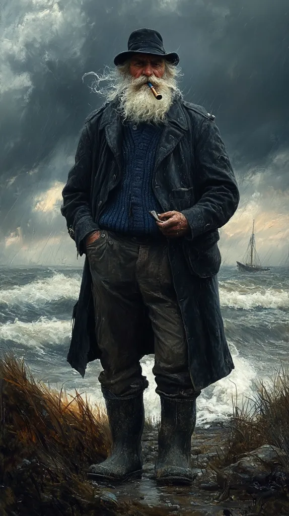 A weathered, elderly man with a long white beard stands on a rain-swept shore, his dark coat and boots reflecting the stormy weather. He smokes a pipe, a calm expression on his face despite the turbulent sea behind him.  A small sailboat is visible in the distance, battling the waves. The overall mood is one of ruggedness, resilience, and contemplation, a portrait of a seasoned seafarer enduring a harsh but familiar environment.