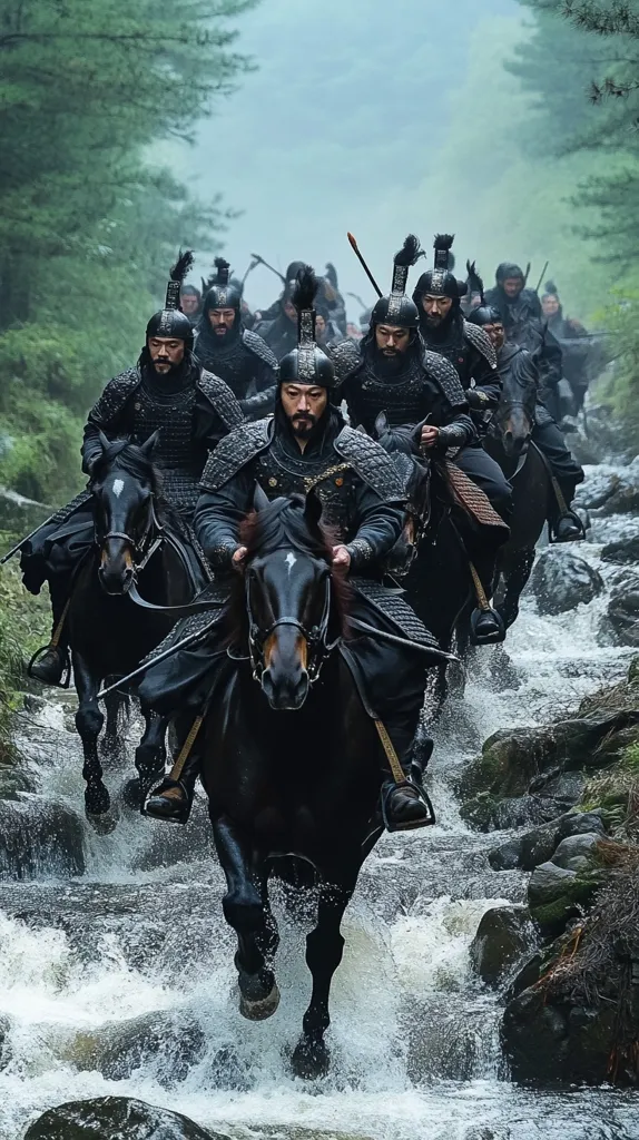 A company of mounted warriors, clad in dark armor and helmets, fords a shallow river.  Their horses, also dark, splash through the water. The scene is set in a misty, forested landscape. The central figure, prominently positioned, leads the group, his gaze directed forward.  The overall atmosphere is one of disciplined movement and quiet determination, evoking a sense of military might and historical drama.