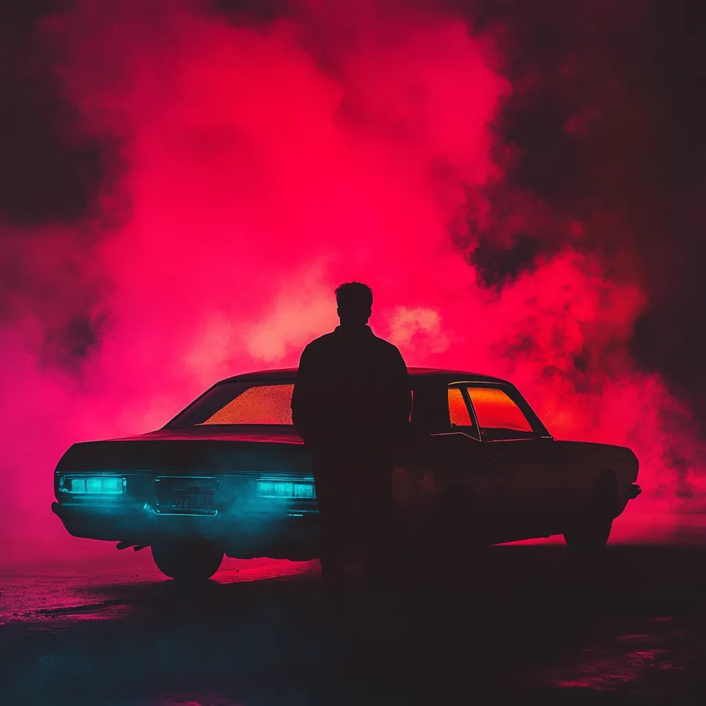 Here's a description of the image:

The image is a striking silhouette of a man standing behind a classic car, set against a vibrant backdrop of red and pink smoke.  The man's figure is dark and sharply defined against the brightly lit haze, creating a dramatic contrast. The car, seemingly a vintage muscle car, is partially obscured by the smoke but its shape and taillights, glowing a teal color, are clearly visible. The overall mood is atmospheric and evocative, hinting at themes of mystery, nostalgia, or perhaps a crime scene. The bright, artificial lighting enhances the surreal and slightly ominous atmosphere.