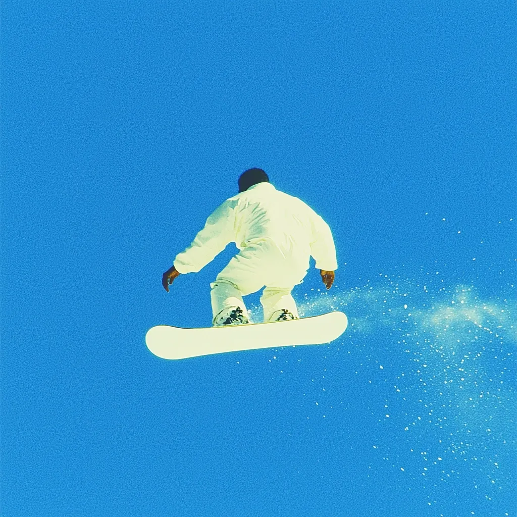 Here's a description of the image:

A snowboarder, clad in a white jumpsuit, executes a midair maneuver against a vibrant blue sky. Viewed from below, the snowboarder's back is to the camera, their body slightly angled.  A spray of snow trails behind, indicating motion and height. The snowboard is white, and the overall aesthetic is clean and striking due to the contrast between the clothing, the snow, and the clear sky. The scene is dynamic and captures a moment of airborne grace.