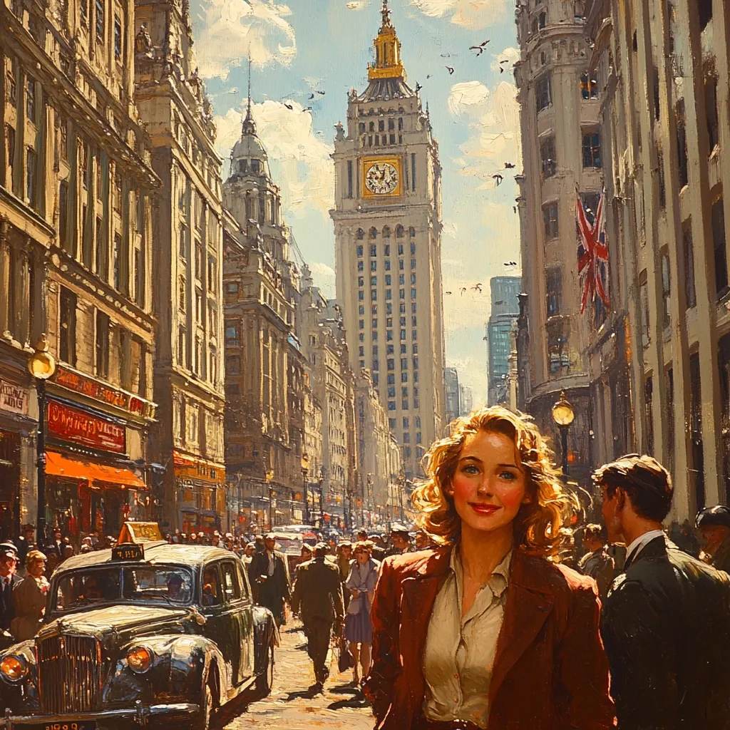 A vibrant oil painting depicts a bustling city street scene, possibly New York City in the mid-20th century.  A tall clock tower dominates the background, flanked by grand, classical-style buildings.  A young woman in a rust-colored jacket stands centrally, her confident expression contrasting with the busy crowd around her.  A vintage taxi is visible in the foreground, suggesting a time period of significant historical relevance. The overall mood is sunny and optimistic, capturing a moment of daily life amidst impressive architecture. A Union Jack flag is visible on one building.