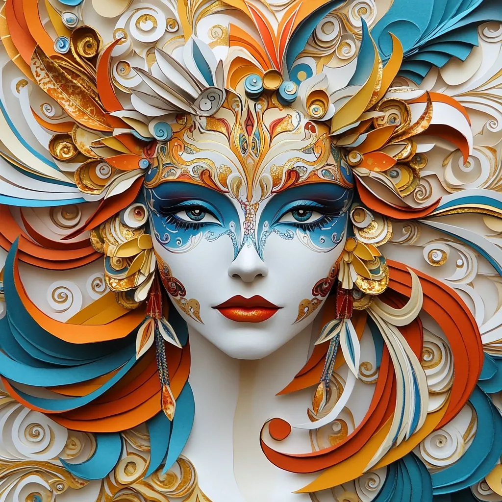 A striking paper art piece depicts a woman's face adorned with an elaborate Venetian-style mask.  The mask and surrounding hair are crafted from intricately layered and curled paper in vibrant shades of teal, orange, gold, and white.  The swirling, flowing design creates a sense of movement and dynamism.  The artist's skill is evident in the meticulous detail and three-dimensional effect achieved through paper quilling and layering. The overall impression is one of elegance and fantasy.