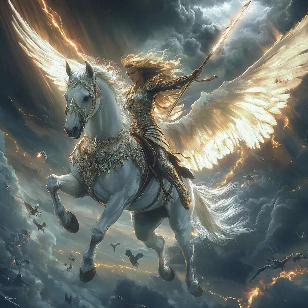A powerful female warrior, clad in ornate golden armor, rides a majestic white winged horse through a stormy sky.  She wields a glowing spear, her long blonde hair streaming behind her.  Below, smaller winged creatures engage in a chaotic battle amidst fiery explosions and dark clouds. The scene evokes a sense of divine power and epic conflict. The overall aesthetic is fantasy art, rich in detail and dramatic lighting.