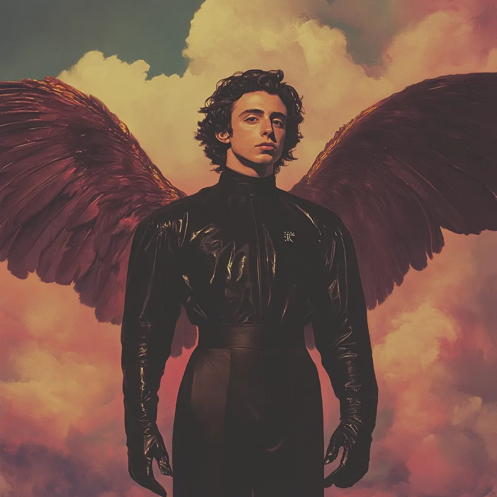 The image is a stylized portrait of a young man with dark, curly hair, dressed in a sleek, black, high-collared outfit.  He appears to be wearing a leather jacket and trousers.  Large, dark reddish-brown wings sprout from his back, extending dramatically against a warm-toned, cloudy sky. The overall aesthetic blends elements of fashion photography with classical painting, creating a dramatic and somewhat melancholic mood.  A small, indiscernible symbol is visible on his jacket.