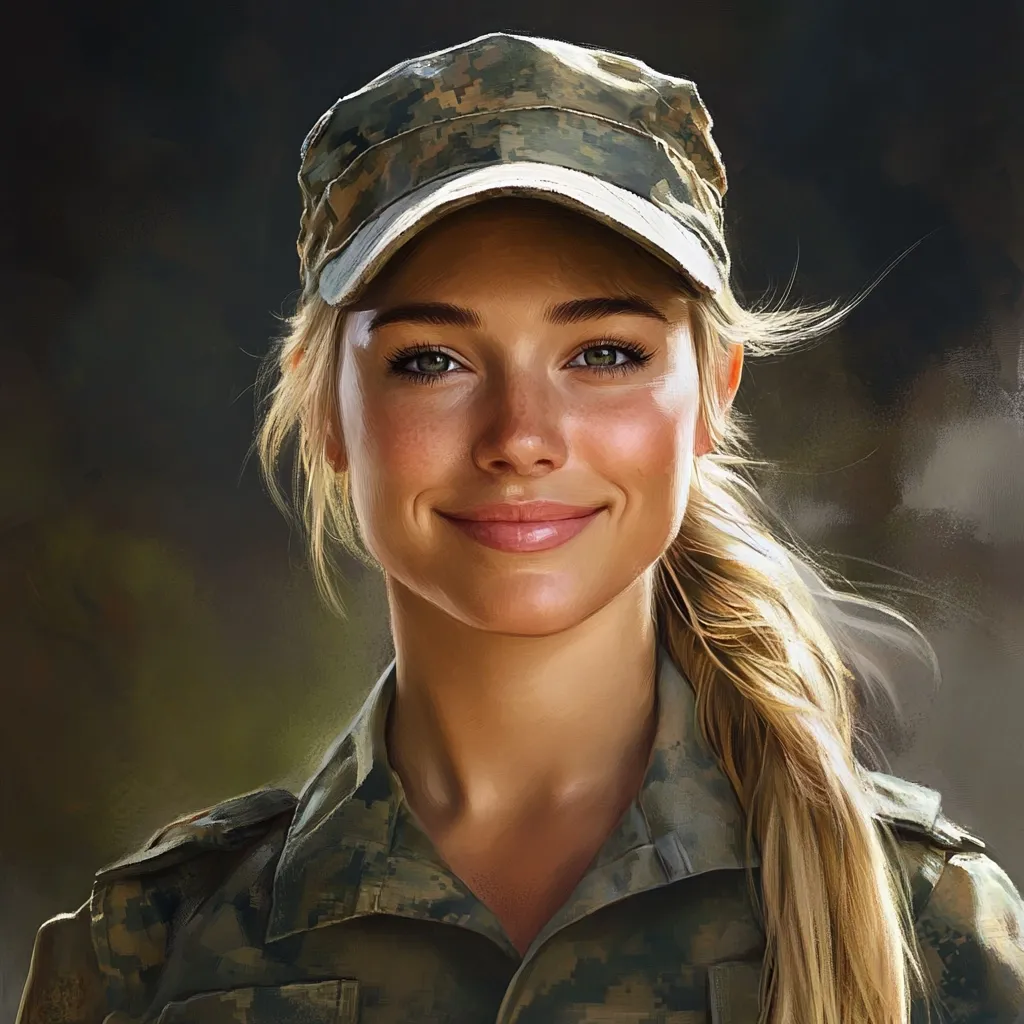 Here's a description of the image:

The portrait showcases a young, fair-skinned woman with long blonde hair styled in a ponytail.  She's wearing a camouflage army cap and a matching military-style jacket.  Her expression is pleasant, a gentle smile gracing her lips, and her green eyes are engaging. The lighting is soft and warm, highlighting her features and creating a slightly hazy background. The overall style is hyperrealistic digital painting, with a focus on detail and texture in both her skin and the uniform.  The image projects a sense of calm strength and beauty.
