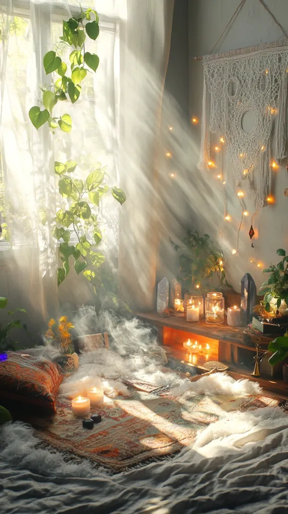 Sunbeams stream through sheer curtains into a cozy room, illuminating a scene of serene tranquility.  Candles flicker on a low shelf adorned with crystals and plants, casting a warm glow. A macrame wall hanging with fairy lights adds bohemian charm.  Incense smoke swirls around a bed draped with a patterned rug and soft linens, creating a mystical and relaxing atmosphere.  The overall mood is one of peaceful contemplation and gentle magic.