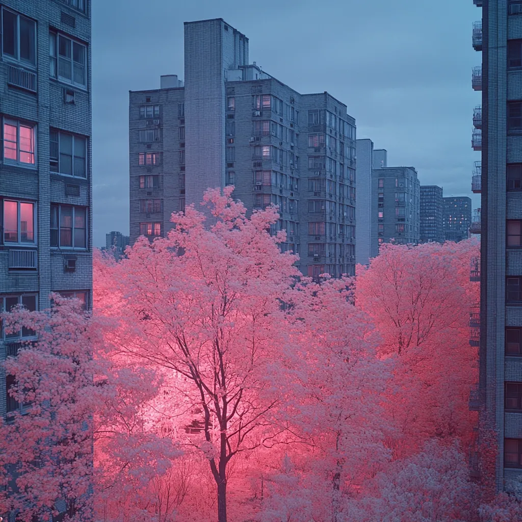Here's a description of the image:

The photograph, likely taken using infrared film, depicts a city scene at dusk or dawn.  Tall, grey apartment buildings dominate the background, their windows dark and seemingly empty.  The foreground is filled with trees, rendered in vibrant, unnatural shades of pink and red, a stark contrast to the cool tones of the buildings. The overall effect is surreal and dreamlike, emphasizing the unexpected beauty within an urban landscape. The color palette creates a captivating and slightly eerie atmosphere.