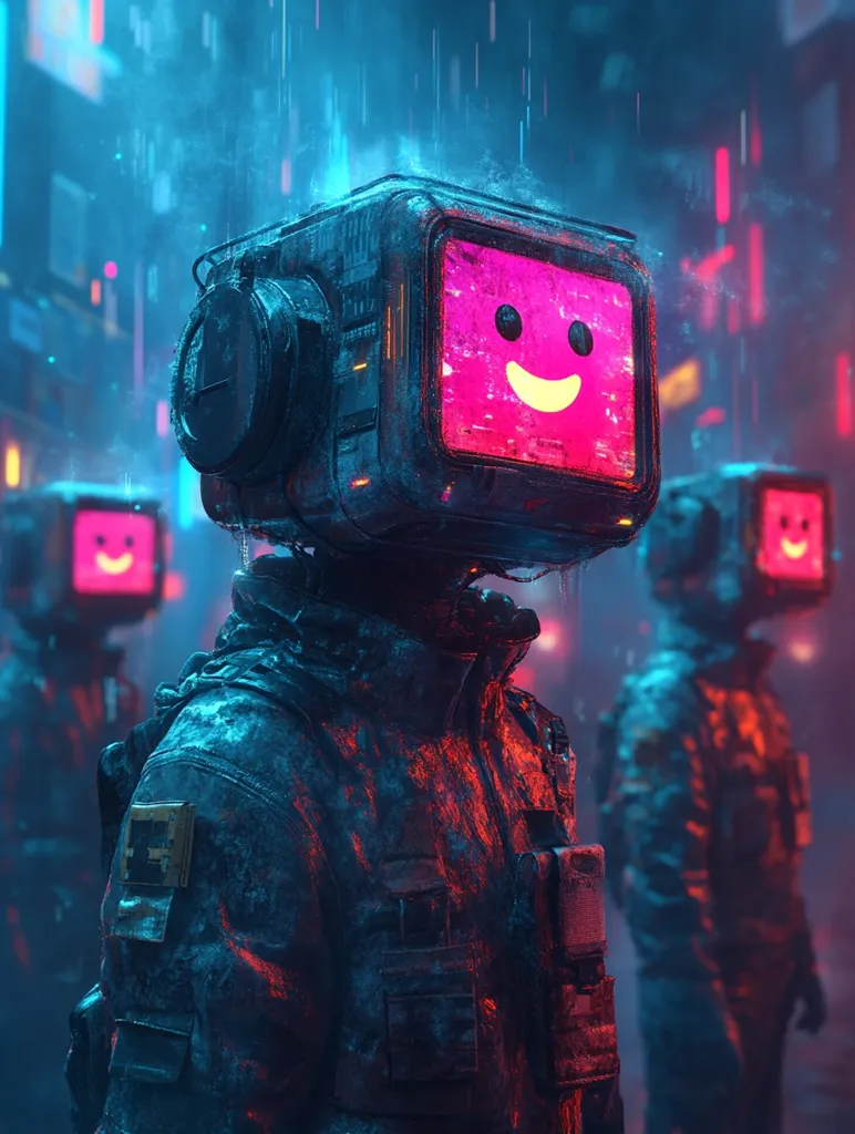 Here's a description of the image:

The image is a digital painting depicting a futuristic, cyberpunk scene. Rain falls on three figures resembling robots or androids, each with a square screen-like head displaying a smiling emoji in vibrant pink.  The central figure is in sharp focus, wearing a dark, textured, tactical-style suit seemingly damp from the rain. The background is a blurred, neon-lit cityscape at night, suggesting a densely populated, technologically advanced urban environment.  The overall color palette is cool-toned, with blues, purples, and the contrasting pink of the emojis creating a striking visual effect. The scene evokes a mood of both technological advancement and a subtly unsettling undercurrent.