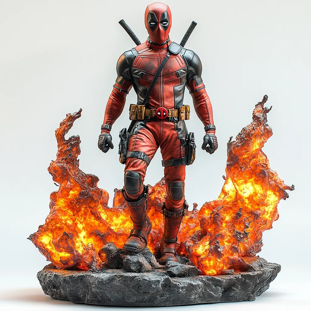 This is a detailed figurine of Deadpool, the Marvel Comics antihero.  He's depicted in his signature red and black suit, dual katanas on his back, and stands amidst a dramatic base sculpted to resemble fiery flames. The base features textured rockwork, enhancing the overall dynamic and action-oriented feel of the piece.  The figurine is highly realistic, capturing Deadpool's distinctive features and pose.