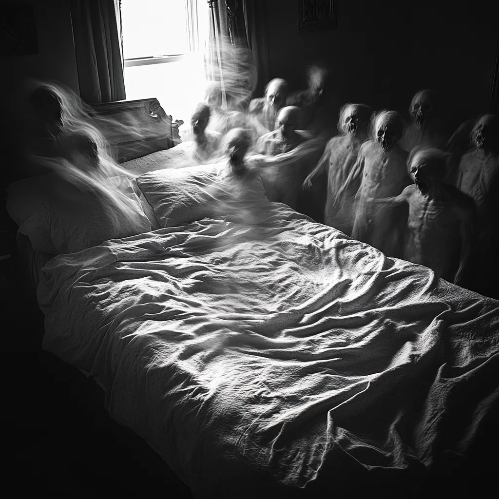 A black and white photograph depicts a dimly lit bedroom.  A bed with rumpled sheets is the central focus.  A ghostly, ethereal procession of multiple blurred figures seems to emerge from the bed and the surrounding darkness, their forms indistinct and unsettling. The scene evokes a feeling of unease and suggests a supernatural presence. Light streams in from a window, partially illuminating the room and contrasting with the shadowy figures. The overall mood is suspenseful and mysterious.